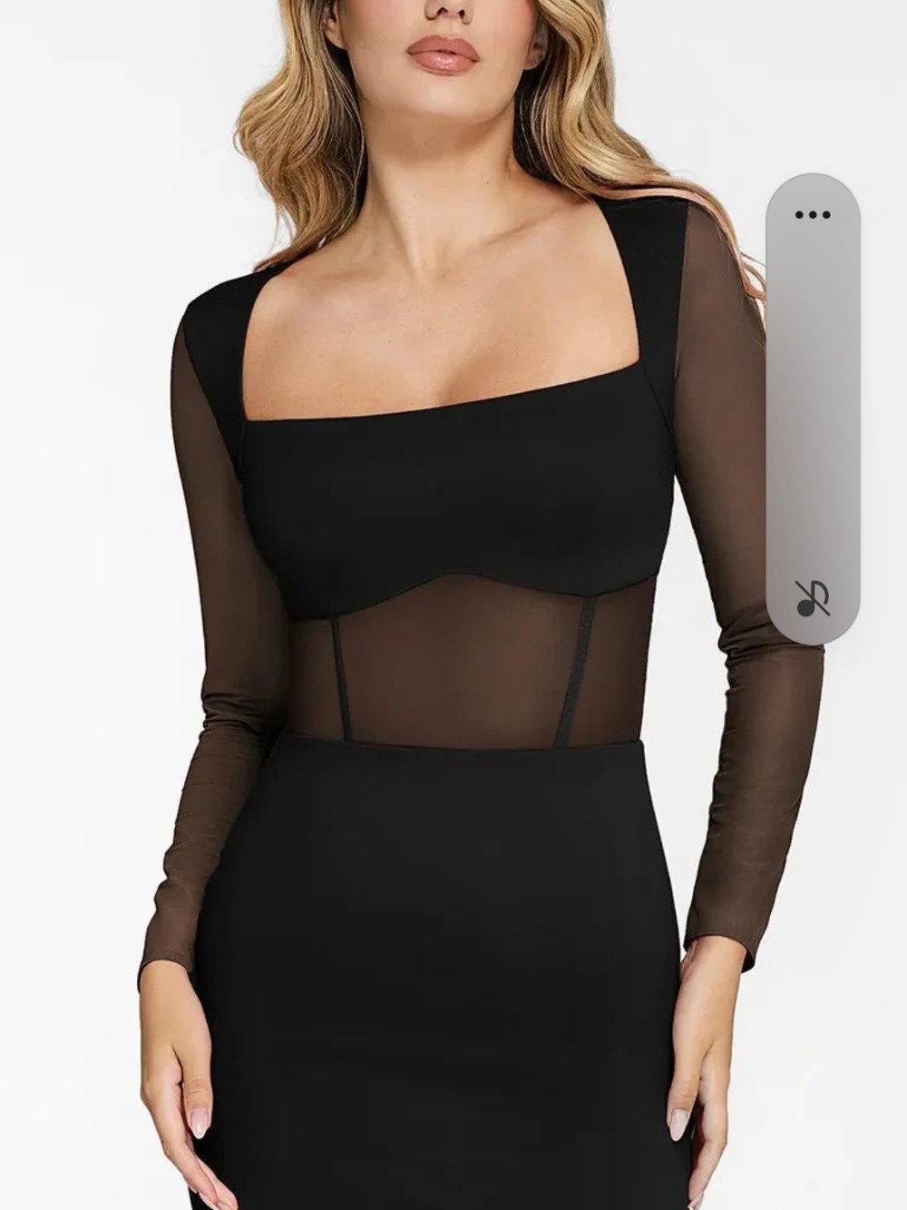 NWT Square Neck Sheer Long-Sleeve Dress  in Black